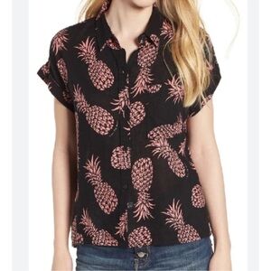 Rails LARGE Linen Blend Button Front Shirt Pink Pineapple Print Whitney Pinya